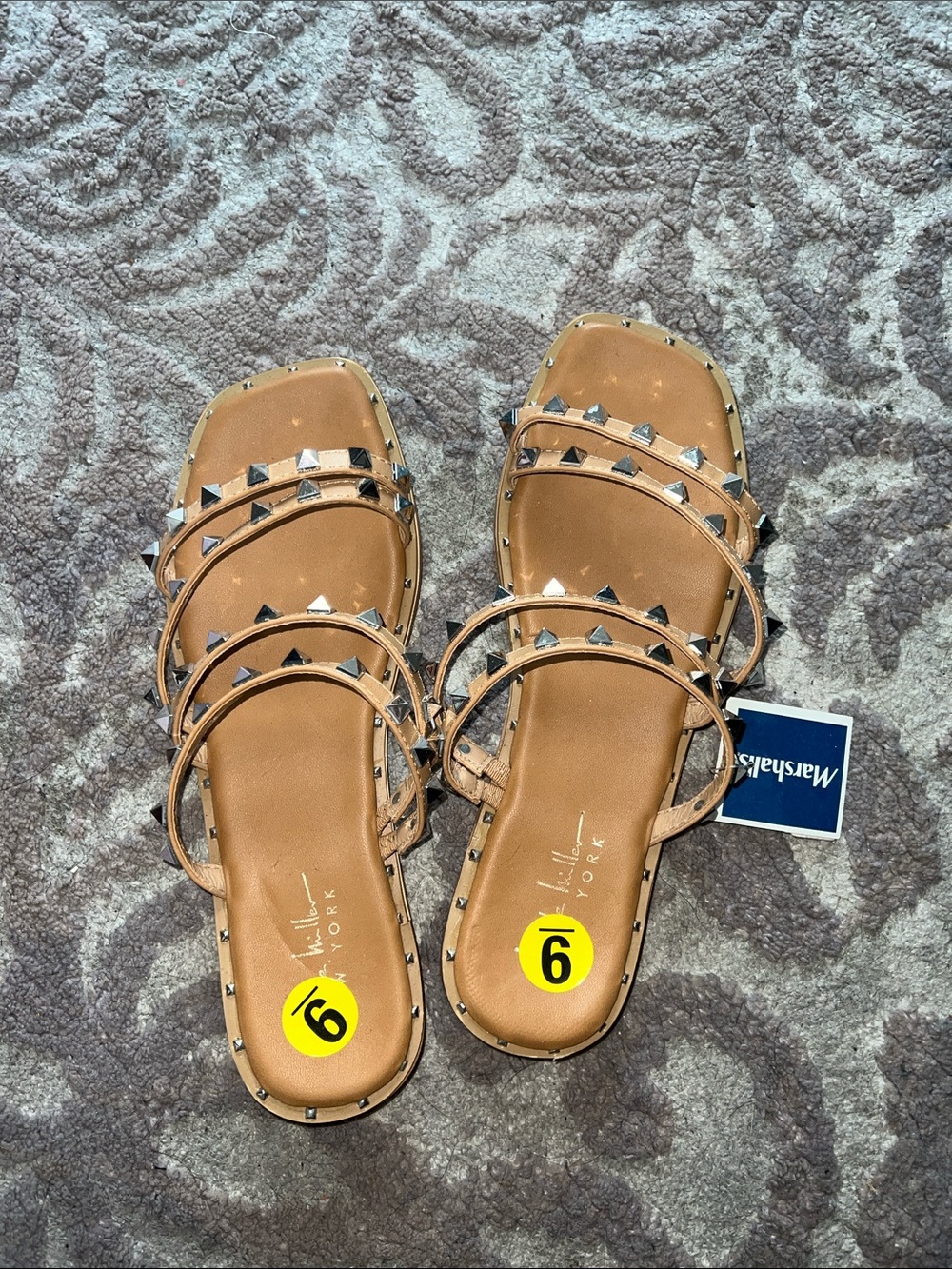 Nine West Tan Studded Multi-Strap Slide Sandals